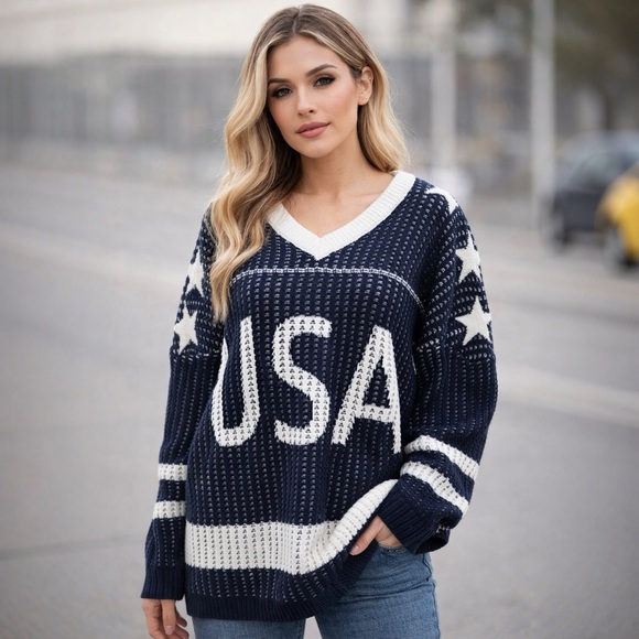 new in Tops - USA Hockey Sweater Oversized Knit Patriotic V-Neck NWT